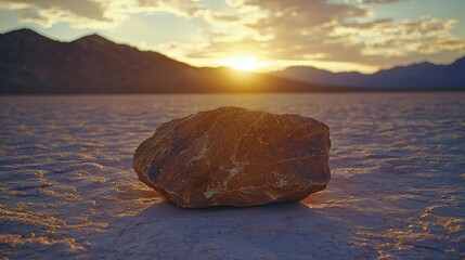 Solitary rock at sunset, dry lakebed