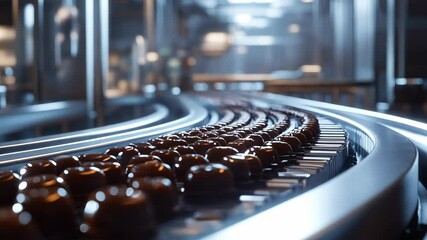 A futuristic chocolate production line with rows of glossy chocolate pieces moving on a conveyor belt