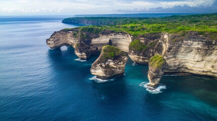 Deep Blue Sea with Rough Stone Cliffs, Aerial View of Emerald Coastline, Landscape with Craggy Peaks, Storm Clouds in Horizon, Dramatic Contrast with Tranquil Water