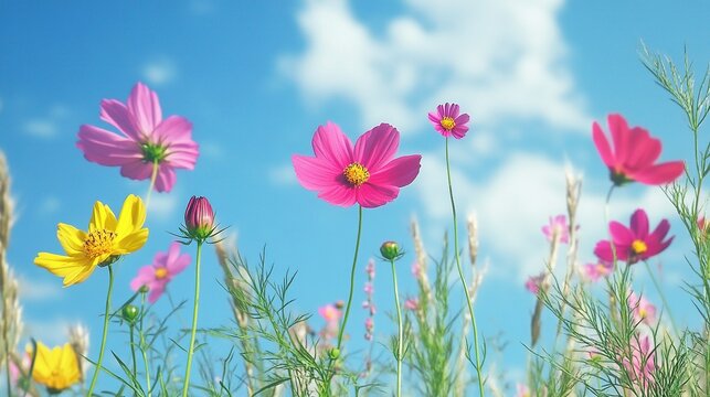 Pink, yellow, and white cosmos flowers in the field with a blue sky background.  colorful spring time nature scene, Flowering plants