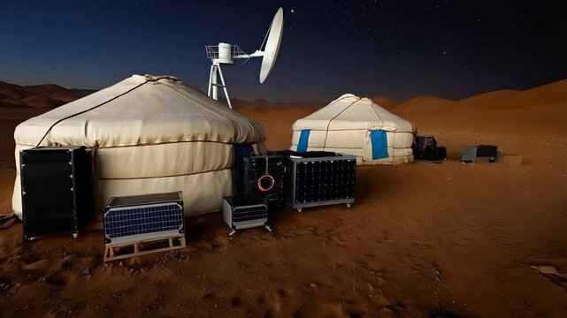 Innovative research station in desert environment showcases advanced technology and sustainable living methods at night