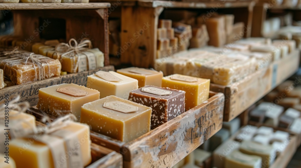 Aufkleber colorful handcrafted soaps are arranged neatly on wooden shelves at a local market. each bar feature