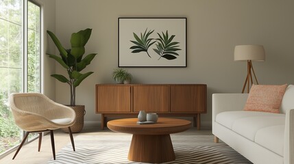 Home Interior Harmony: A modern living room exudes comfort and elegance, featuring a minimalist design with natural light illuminating the stylish furniture and decor.