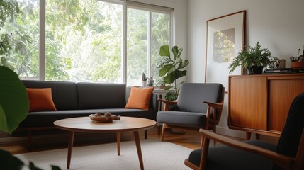 Fototapeta premium Interior serenity: A well-lit, inviting living room boasts modern decor, with a neutral palette and warm wood accents, featuring large windows offering views of the greenery outside.