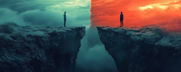 Digital artwork of two figures standing on a cliff, divided by a visual representation of political polarization, sharp contrast and emotional depth, ultrarealistic, 8K resolution