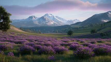 Obraz premium Lavender fields stretch endlessly under a beautiful sunset sky, featuring shades of purple and pink for a tranquil backdrop