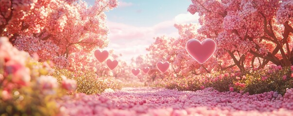 Valentine concept A dreamy pathway lined with pink blossoms and heart-shaped decorations under a soft sky.