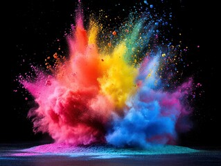 colorful cloud of powder is being thrown from top to bottom on an empty table, with a black background. Happy holi