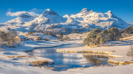 Snowy mountain valley, winter landscape, calm lake, scenic view, postcard