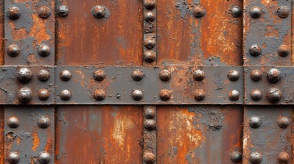 Detailed abstract of aged corroded metal surface with rivets showing texture and rust patterns in industrial style