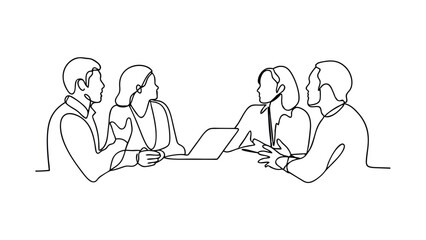 A minimalist line drawing depicts four professionals seated around a table, engaged in a business discussion. A laptop is present, suggesting a collaborative work session. The scene conveys teamwork a