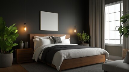 Fototapeta premium Cozy Bedroom Serenity: A modern bedroom with a luxurious bed, soft textures, and a large window offering natural light, creating a calming and inviting atmosphere.