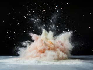 colorful cloud of powder is being thrown from top to bottom on an empty table, with a black background. Happy holi
