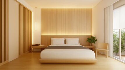 Fototapeta premium Minimalist Bedroom: An inviting bedroom interior, bathed in soft, warm light, showcases a minimalist design with clean lines and natural wood finishes, creating a serene and modern atmosphere.