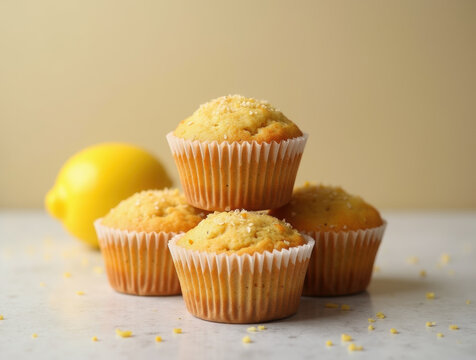 Lemon muffins stacked with a lemon fruit in the background on a light surface