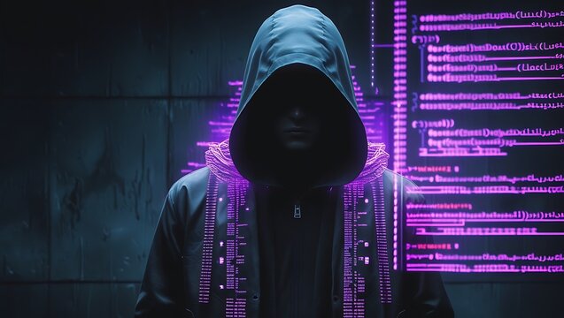 A mysterious figure wearing a hooded jacket stands in a dark, shadowy environment. The figure’s face is completely obscured by the hood, adding an air of secrecy and anonymity. With neon purple text
