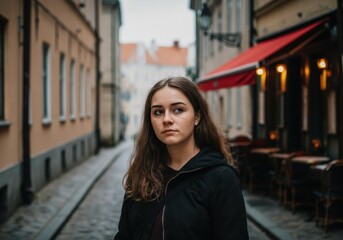 Fototapeta premium Young woman standing in a charming cobblestone street, exuding a contemplative mood