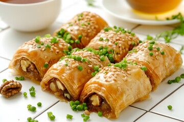 Delicious Walnut Baklava Pastry with Sesame Seeds and Green Onions