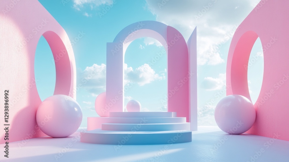 Poster A surreal landscape showcases an enchanting arrangement of pastel-colored structures framed by fluffy clouds. Glossy spheres add a playful element to the serene scene