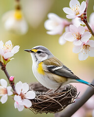Primavera con alberi in fiore, uccellino posato su un ramo