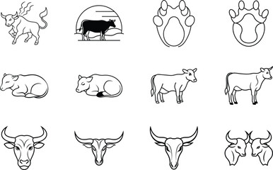 Cattle Icons Farm Animals, Bulls, Cows, Calves, and Paws