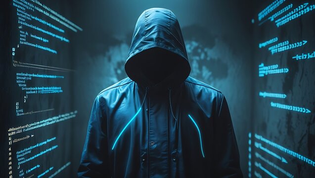 A mysterious figure wearing a hooded jacket stands in a dark, shadowy environment. The figure&rsquo;s face is completely obscured by the hood, adding an air of secrecy and anonymity. With neon blue text