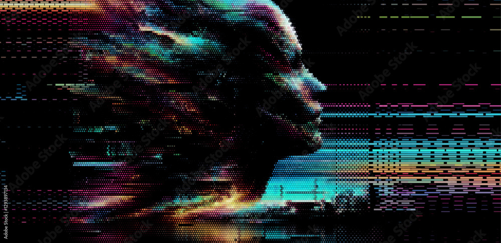 Poster vector illustration of a digital, pixelated face emerging from a dark background, creating a futuris