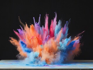 colorful cloud of powder is being thrown from top to bottom on an empty table, with a black background. Happy holi