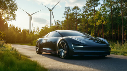 modern electric car parked on a road surrounded by lush green forests and wind turbines in the background. The car’s body is smooth, futuristic, and eco-friendly, reflecting natural sunlight