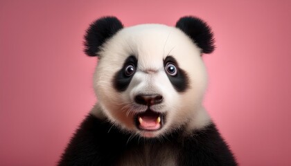 Fototapeta premium Goggleeyed Surprise Adorable Isolated Panda on Pink Background, Showcasing Whimsical Humor and Vibrant Mood