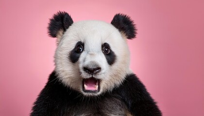 Playful PinkBackdrop Surprise A Cute, Expressive Panda Shocked with Big Eyes, Capturing a Funny and Adorable Moment in an Isolated Setting.