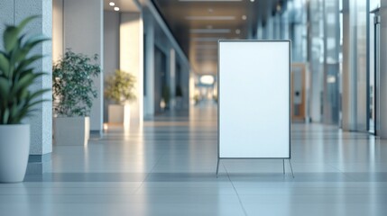 In a contemporary office environment, a blank display board captures attention. The polished floors and glass walls reflect the bright morning light, creating a calm atmosphere