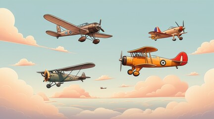 Four Vintage Biplanes in a Pastel Sky Pixel Art Illustration