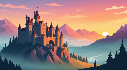 Naklejka premium Majestic Stone Castle at Sunset Pixel Art Landscape