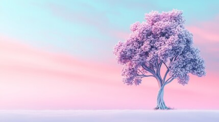 Obraz premium Vibrant pastel landscape featuring a solitary tree at sunset
