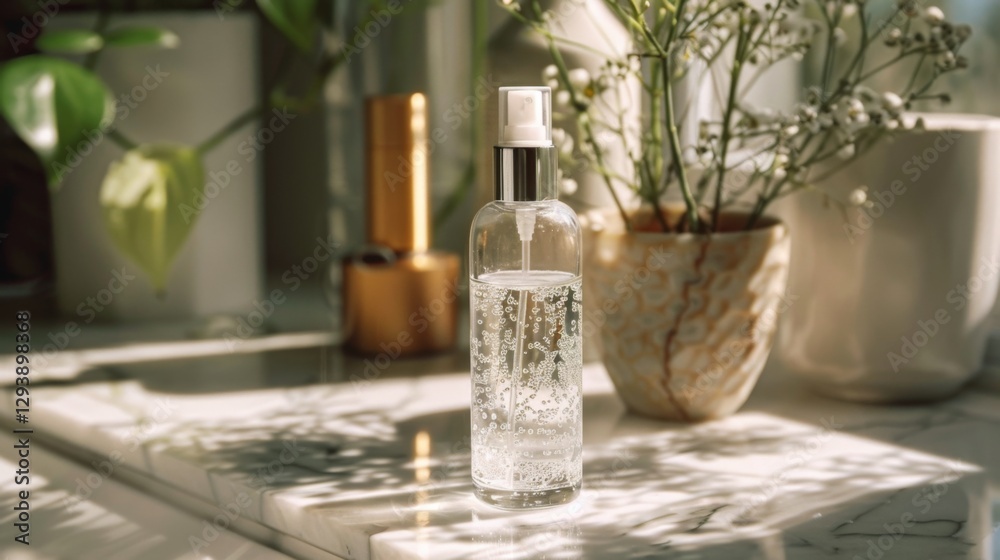 Poster sunlight filters through a window, casting shadows on a marble surface where a clear glass bottle wi