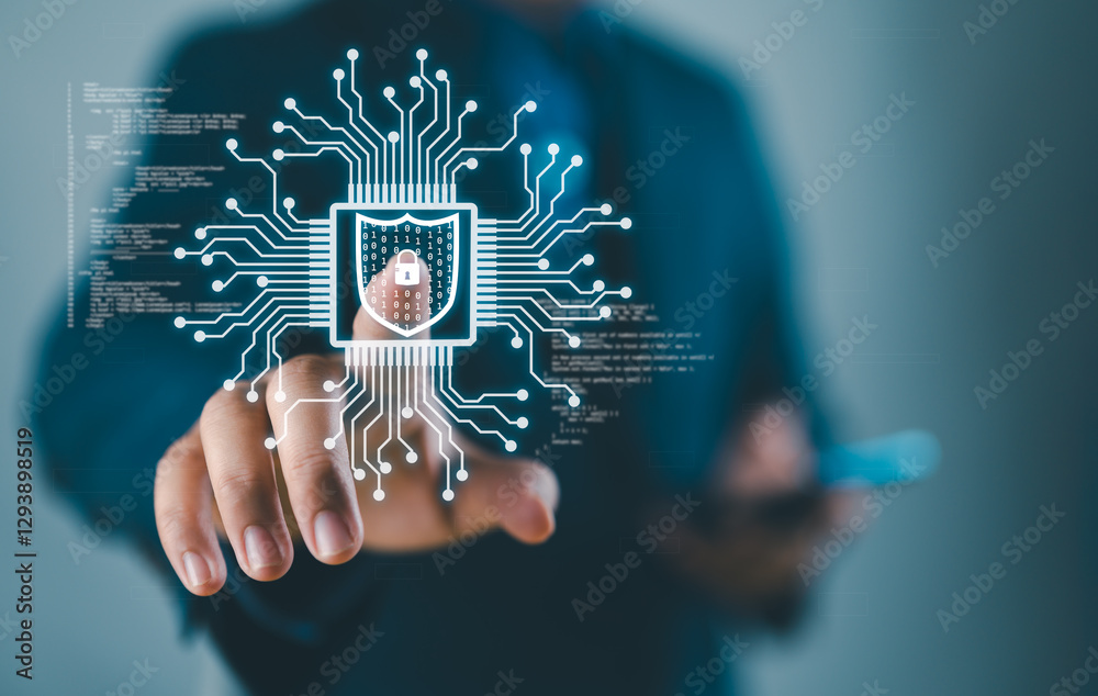 Poster Internet network cybersecurity concept, data privacy protection from malicious attacks, digital information technology security. Businessman connecting shield security interface virtual firewall.