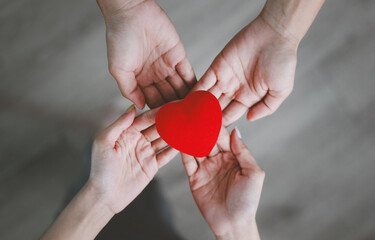 Hand holding red heart, concept of health care, family, love, support, sponsorship, mental health, charity, protection, solidarity, access to health care.