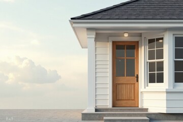 Serene Exterior of a White House with a Wooden Door and Bay Window