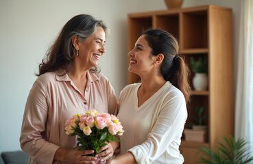 Young latin woman congratulates her elderly smiling mother with bouquet roses at home. Daughter gives flowers to happy senior mom. Family celebrates Mothers Day. Relations, love, care.