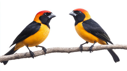 Obraz premium Two colorful lovebirds perched on a branch, symbolizing romance, affection, and companionship against a bright white background.