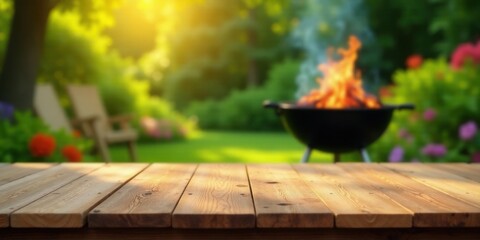 Rustic wooden table in front of a blurred summer garden scene with a barbecue grill fire burning