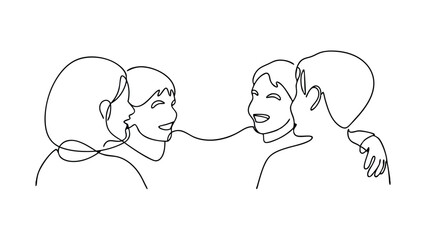 Continuous Line Drawing of Three Happy Friends Embracing