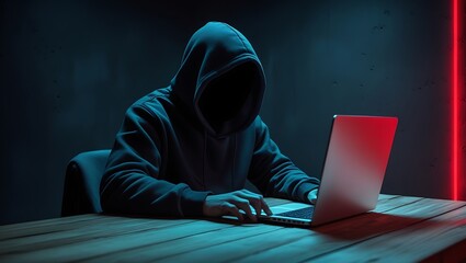 Young hacker hacking a network system with a laptop computer, danger for cyber security and antivirus commercial purpose. With red  light