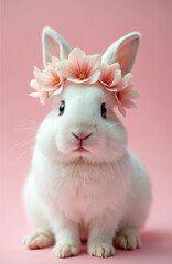 Obraz premium Adorable white bunny portrait with flower crown of pink, white blossoms. Fluffy rabbit sitting on pink background. Gentle easter animal, symbol of spring, innocence, joy, beauty. Domestic pet.