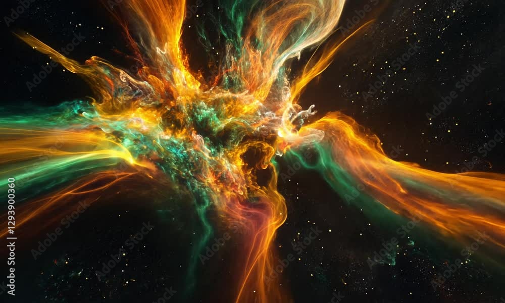Sticker fireworks exploding in vivid orange yellow green against cosmic black space in realistic display