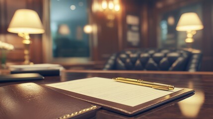 Elegant Corporate Desk Setup with Leather Agenda and Modern Lamp