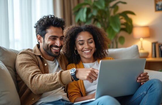 Happy diverse couple use laptop on sofa at living room. Smiling man pointing finger at screen with online booking, buying tickets. Woman and guy watch stream together, plan holiday vacation at home. - Powered by Adobe