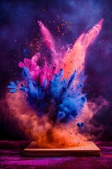 colorful powder explosion, with the colors being pink, blue, and orange, Holi festival