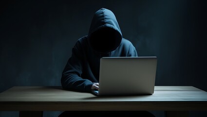 Mysterious hacker is dressed in a dark hooded sweatshirt, typing on laptop with white light